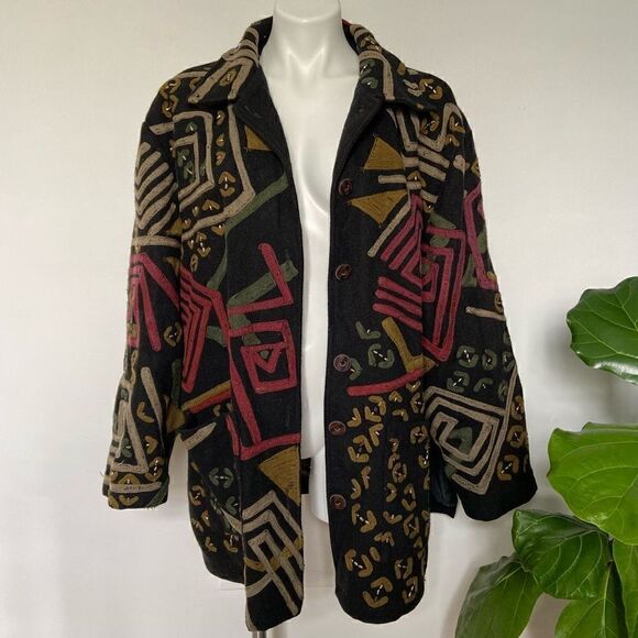 Vintage Wool Funky 80s Geometric beaded retro Jacket - Picture 1 of 13
